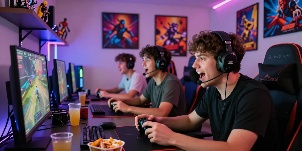 Friends enjoying an exciting gaming session with raja328 daftar, immersed in multiplayer action and colorful LED ambiance.