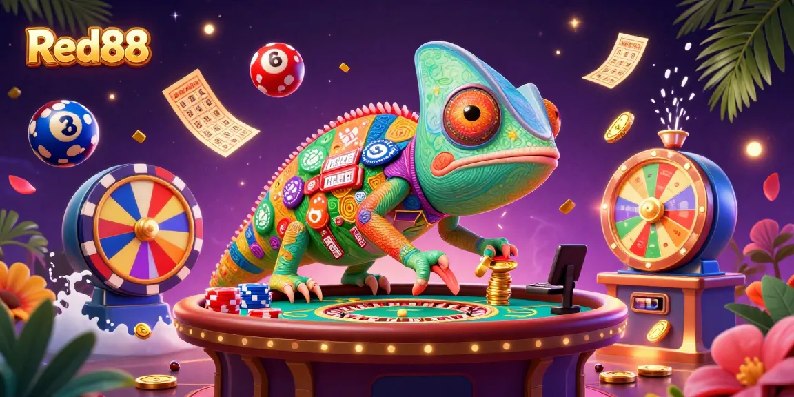 Win big with Red88 in this vibrant 3D casino scene featuring animated characters and lottery elements.