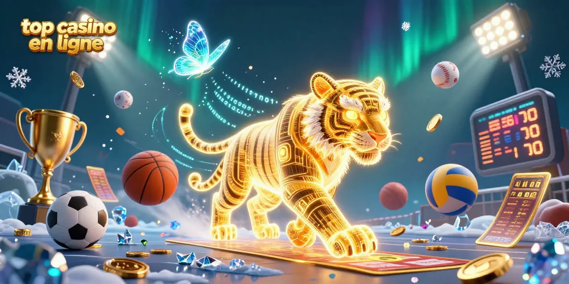 Jouez dans le top casino en ligne avec un tigre doré lumineux et des éléments sportifs captivants.