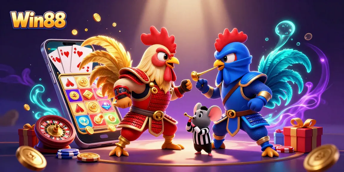 Win88 showcases a dynamic standoff between 3D cartoon roosters in a vividly illustrated casino scene.
