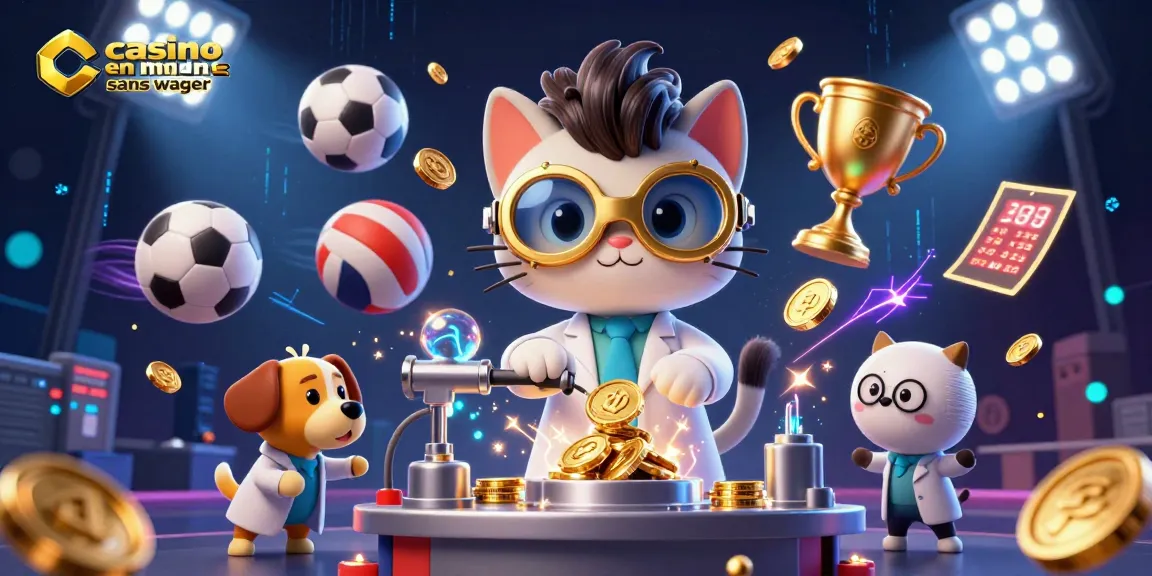 Illustrez vos gains au casino en ligne sans wager avec un chat scientifique fou et un chien assistant dans un laboratoire.