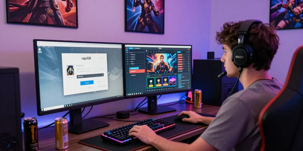 Dynamic gaming studio featuring raja328 link login on dual monitors, enhancing online gaming experience.