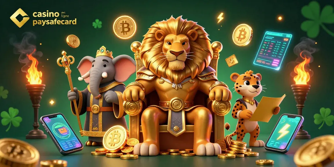 Jouez sur un casino en ligne paysafecard avec un roi lion sur son trône, entouré d'emblèmes et de pièces de crypto-monnaie.