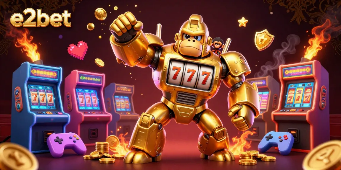 Experience the thrill of e2bet with a vibrant 3D illustration featuring a golden gorilla mech and dynamic gaming elements.