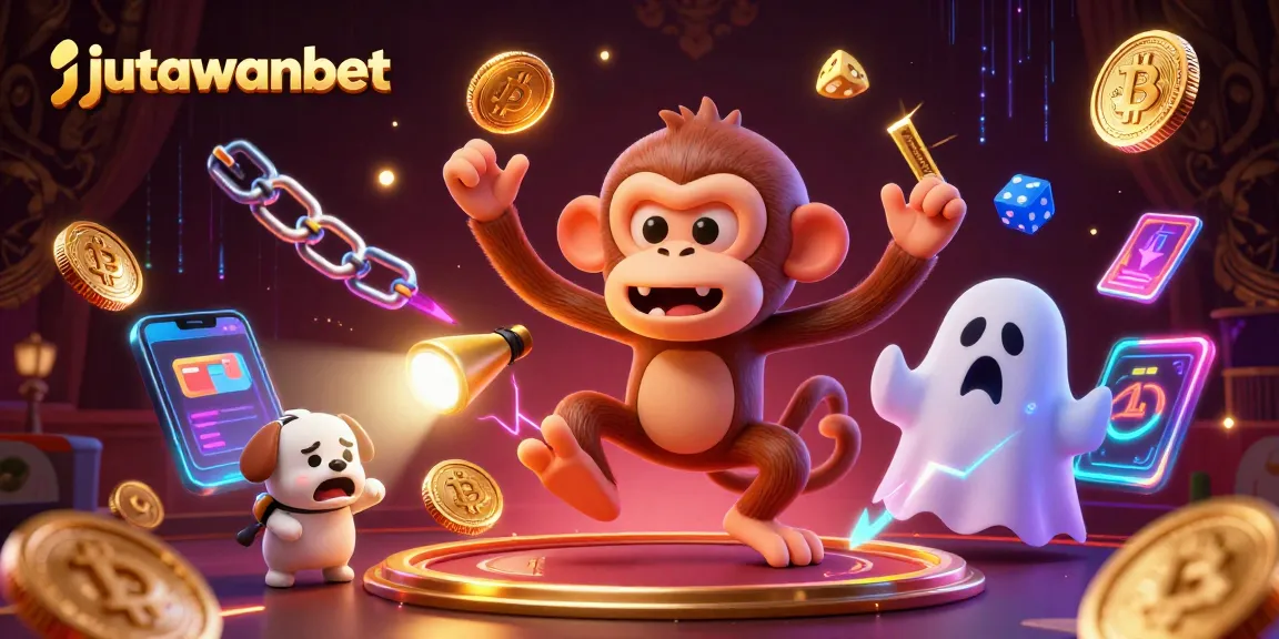 Engage with the dynamic casino energy of jutawanbet, as a playful monkey juggles golden coins and cards.