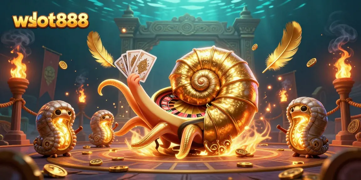Analisis permainan wslot888 dengan karakter nautilus besar dan kartu yang bersinar di latar belakang penuh efek dramatis.