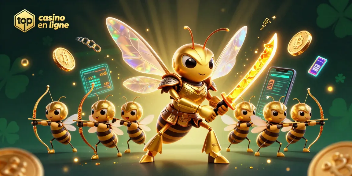 Découvrez le meilleur casino en ligne avec l'illustration dynamique d'un hornet samouraï entouré d'éléments de jeu.