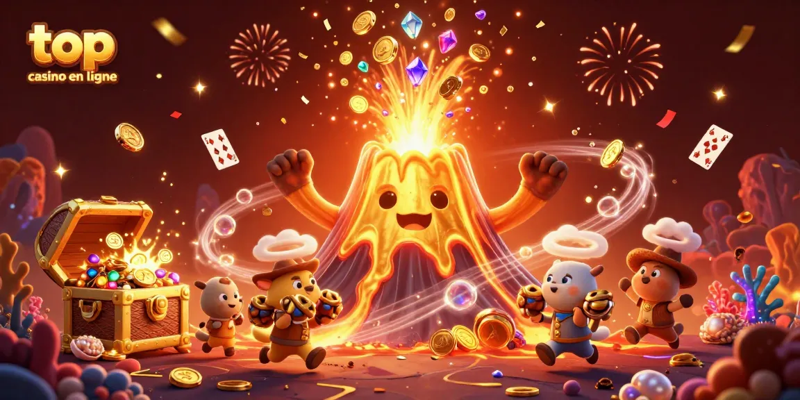 Illustration animée représentant le top casino en ligne avec un volcan doré, des animaux et des trésors.