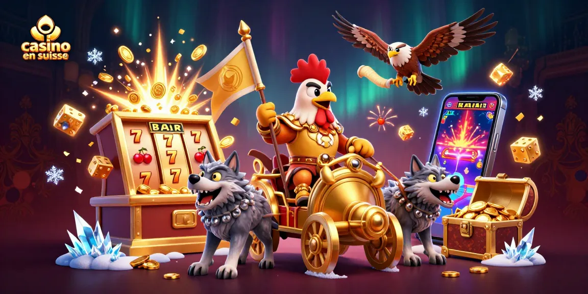 Jouer à casino en suisse dans une illustration dynamique avec des éléments de jackpots et un décor festif.
