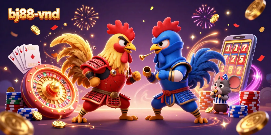 Experience thrilling action with bj88-vnd-inspired roosters in a dramatic standoff surrounded by casino elements.