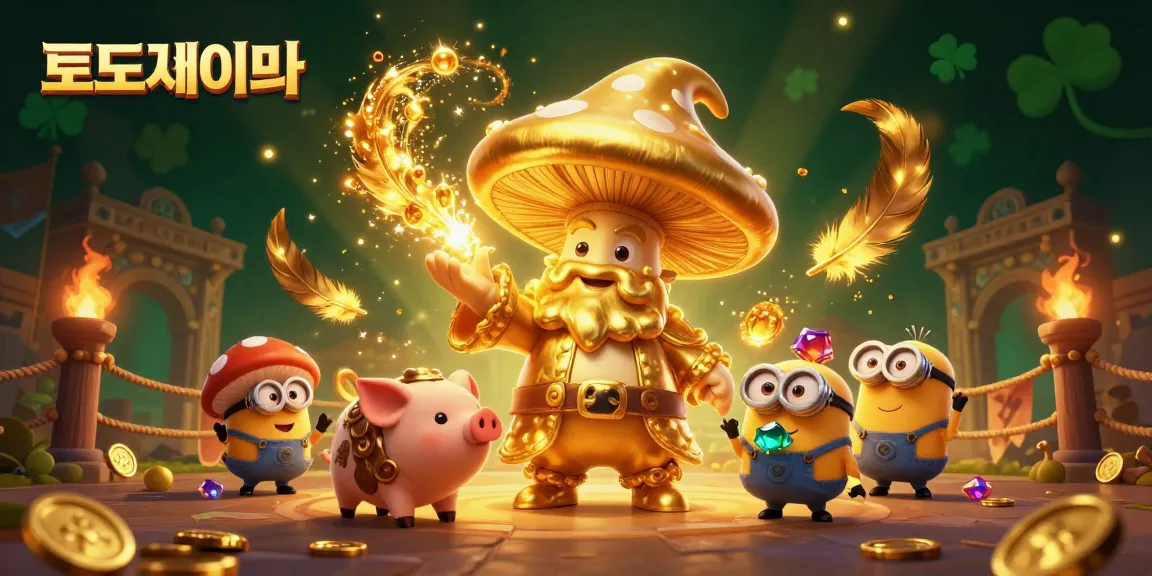 Experience thrilling 토토사이트 magic with a golden mushroom wizard and treasures in a dynamic scene.