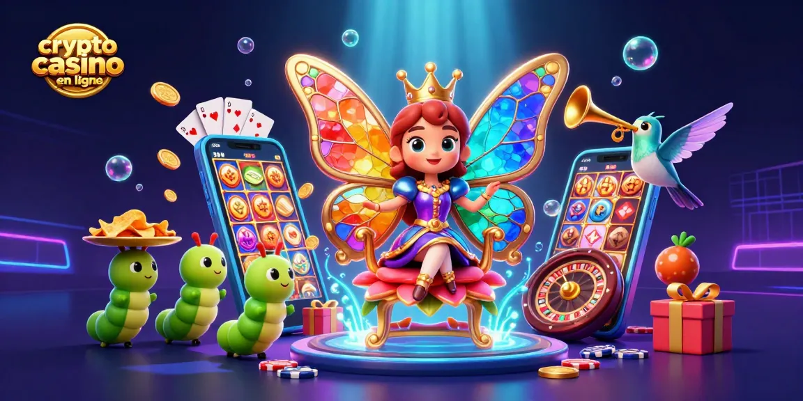 Plongez dans l'univers du crypto casino en ligne avec une reine papillon et des serviteurs portant des jetons d'or.