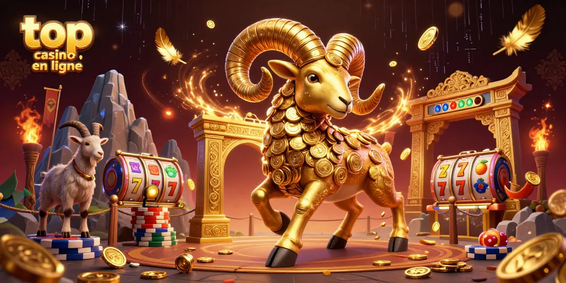 Plongez dans l'univers du top casino en ligne avec un bélier doré et des éléments de machines à sous scintillants.