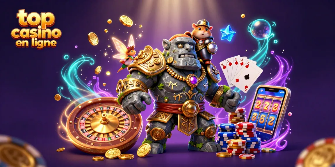 Visualisation captivante de top casino en ligne avec des personnages magiques et des éléments de jeu.