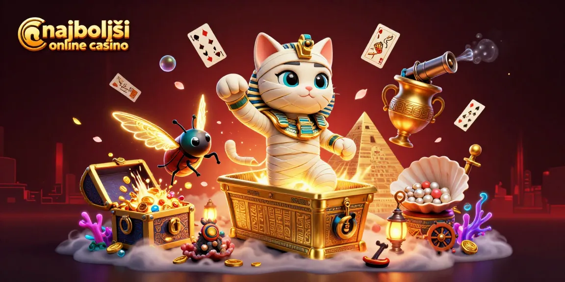 Uživajte v najboljšem spletnem casino vzdušju s sliko, kjer se egiptovska mačka in skarabej igrata s kartami.